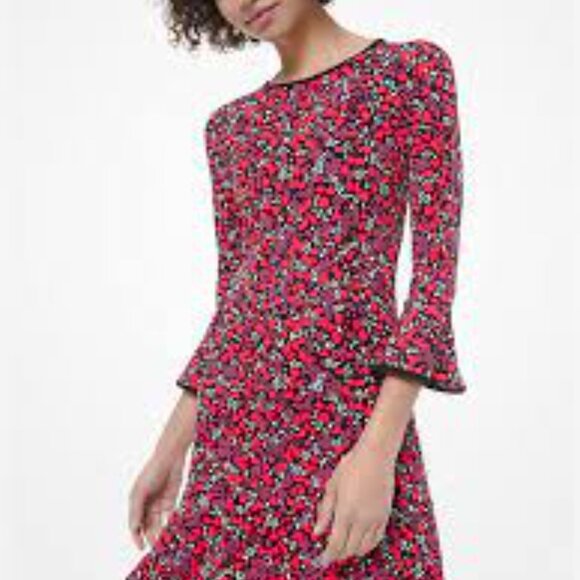 Michael Kors Woodland Red Leaf-Print Matte-Jersey Flounce Dress - Picture 2 of 10